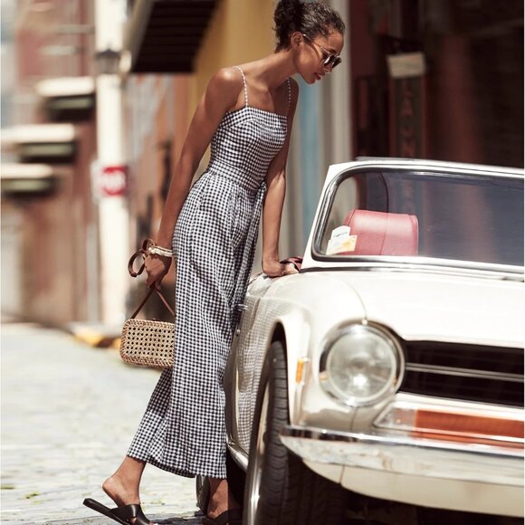 NWT J.Crew Tie-waist Linen Jumpsuit in Navy White Gingham Belted 1-Piece 4 - Picture 5 of 14